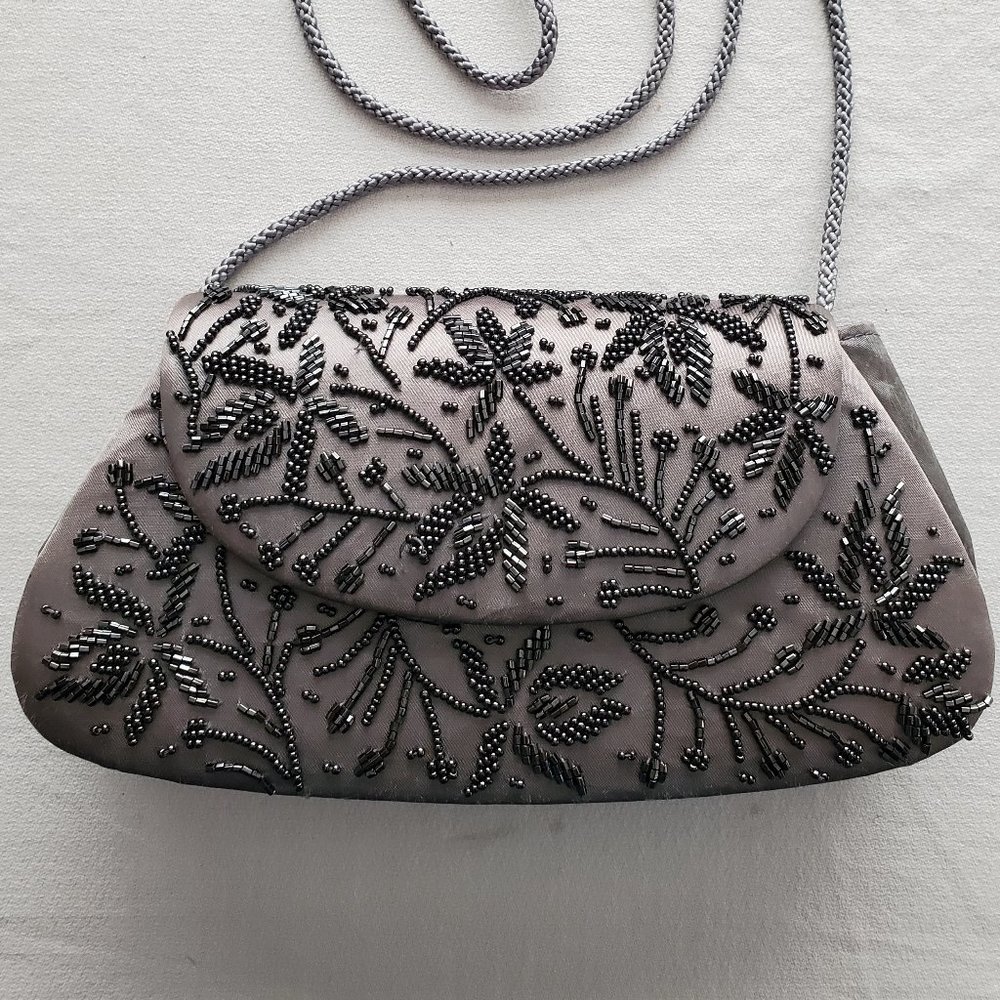 La Regale Formal Beaded Purse Gray Satin - Picture 9 of 9
